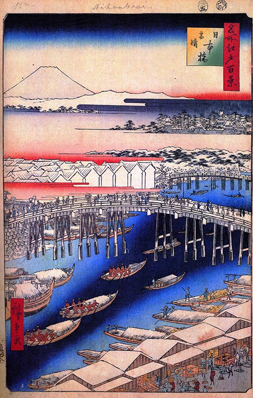 ผลงานของ คะสึชิกะ โฮะกุไซ ที่ถ่ายทอดกิจกรรมชมฟูจิ ที่สะพานนิฮอนบาชิสมัยเอโดะ